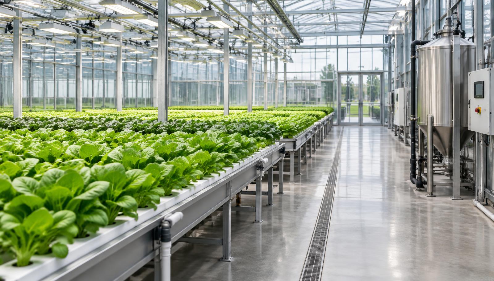Professional controlled-environment cultivation facility with rows of crops and stainless equipment