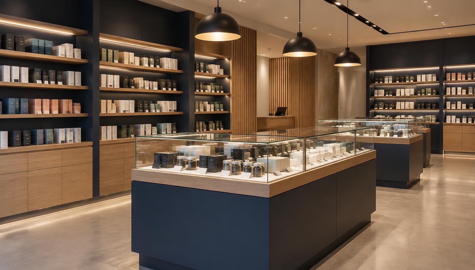 Organized product shelving and display cases inside a licensed New York dispensary