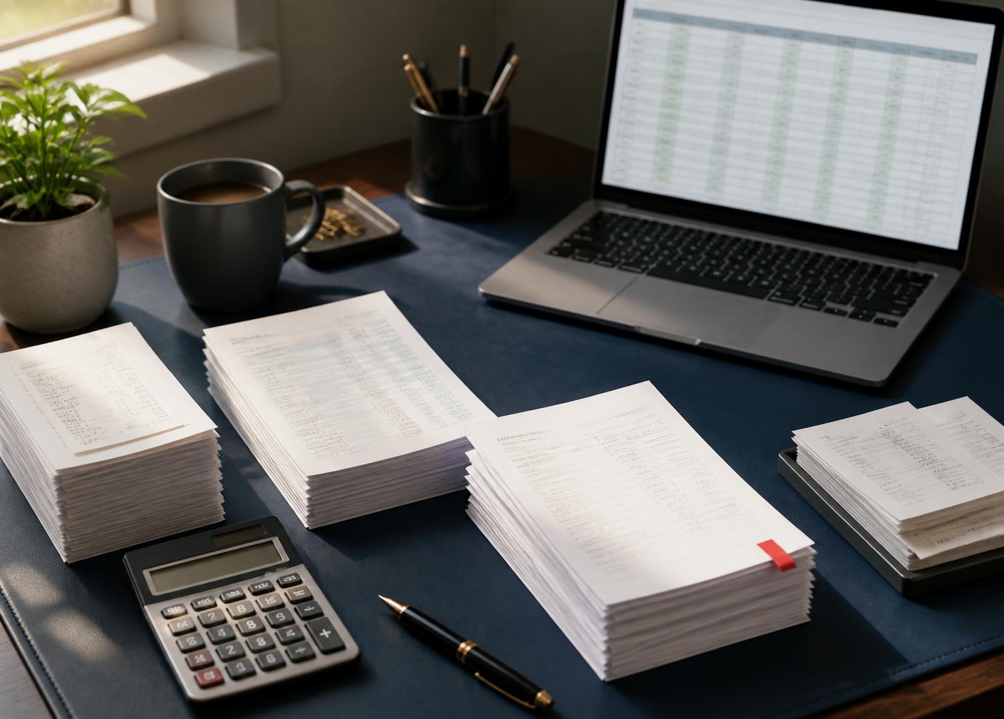 Reconciled bank statements and receipts stacked neatly beside a laptop showing a clean ledger