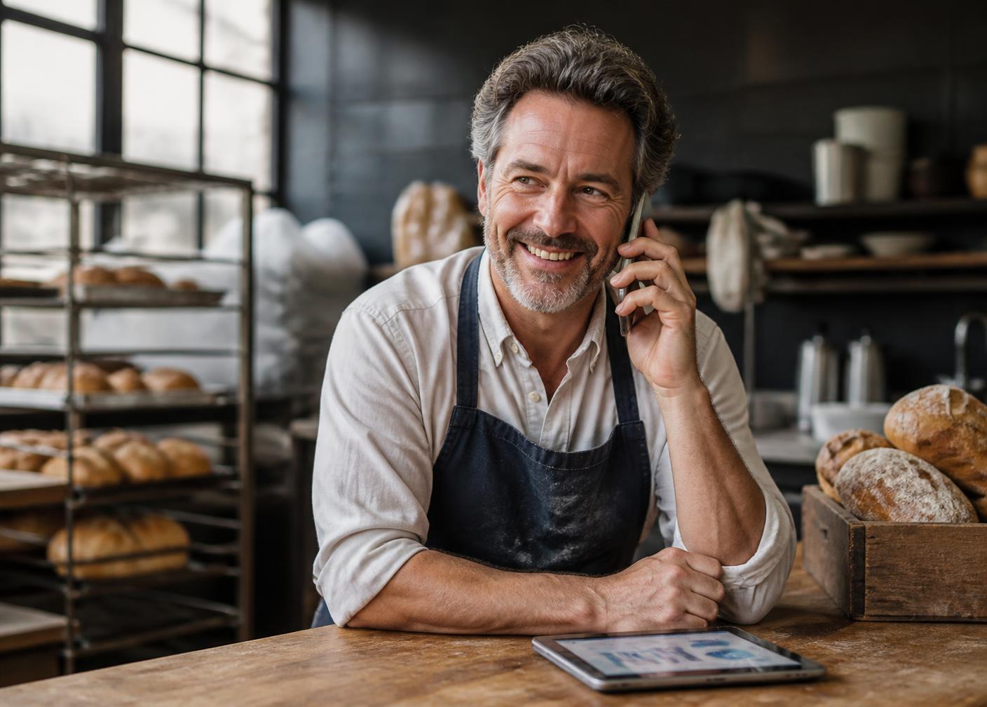 Small business owner speaking with their accountant by phone from their shop